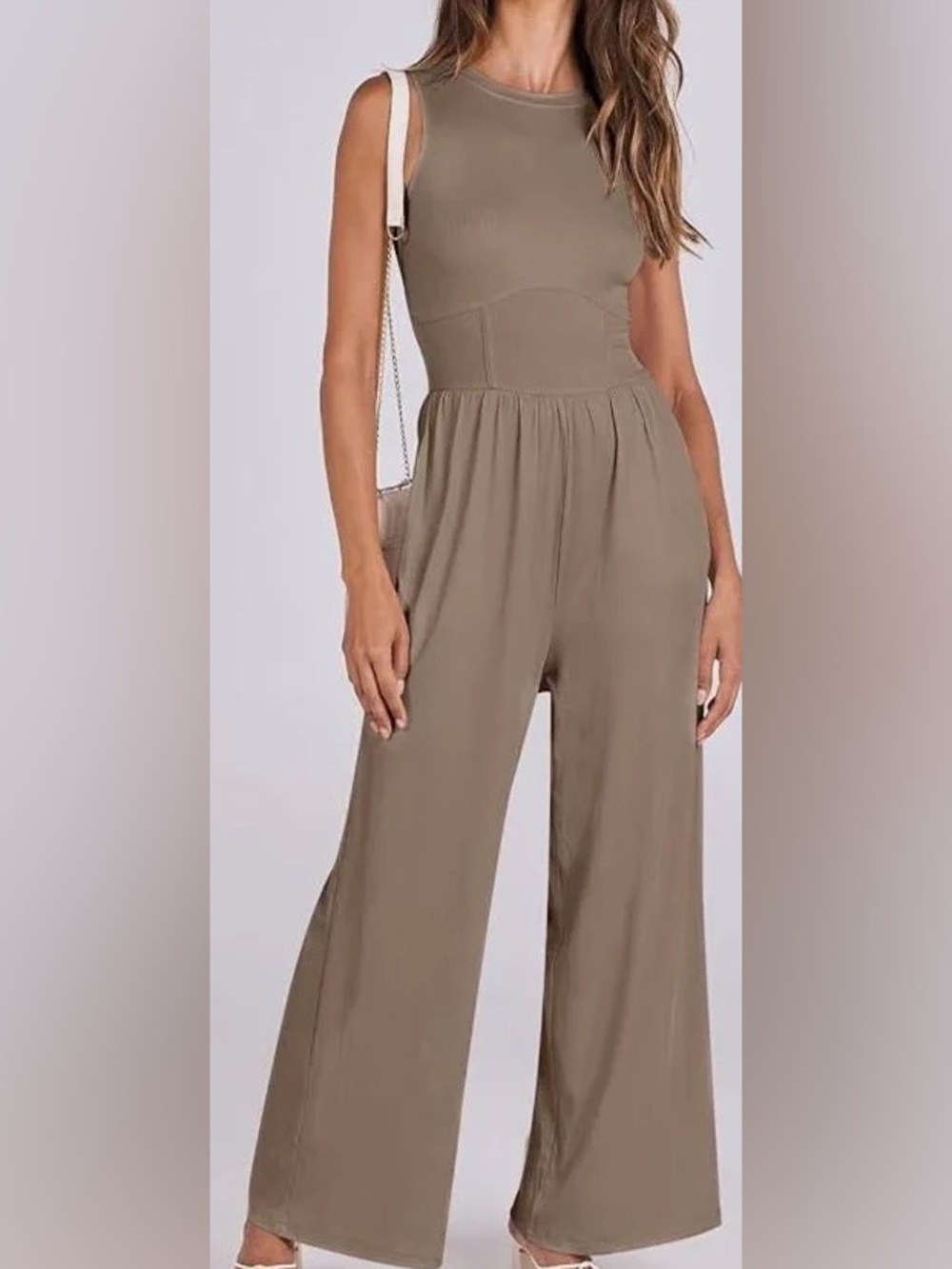 Cider L Sleeveless Wide-Leg Jumpsuit in Taupe